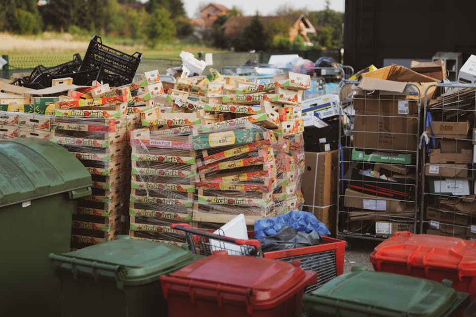 An outdoor scene showing stacks of cardboard fruit boxes, primarily beige and red in colour, with some displaying 'fresh fruits' branding, arranged on a paved surface. To the left, there are three large green wheelie bins with closed lids, some showing slight weathering. To the right, there are metal cart racks filled with assorted cardboard boxes and packaging materials, some open, revealing contents like paper and small cardboard parcels. In the foreground, partially visible, are red and dark green plastic lids of additional waste containers. The background features a lush green grassy area with scattered trees and a rural building with a pitched roof in the distance, under soft natural lighting suggesting daytime. The scene appears to be part of an outdoor waste collection or recycling area relevant to private rubbish collection services, illustrating bulk waste or packaging disposal through independent collection methods, as handled by waste management specialists such as Waste Collection Ilford.