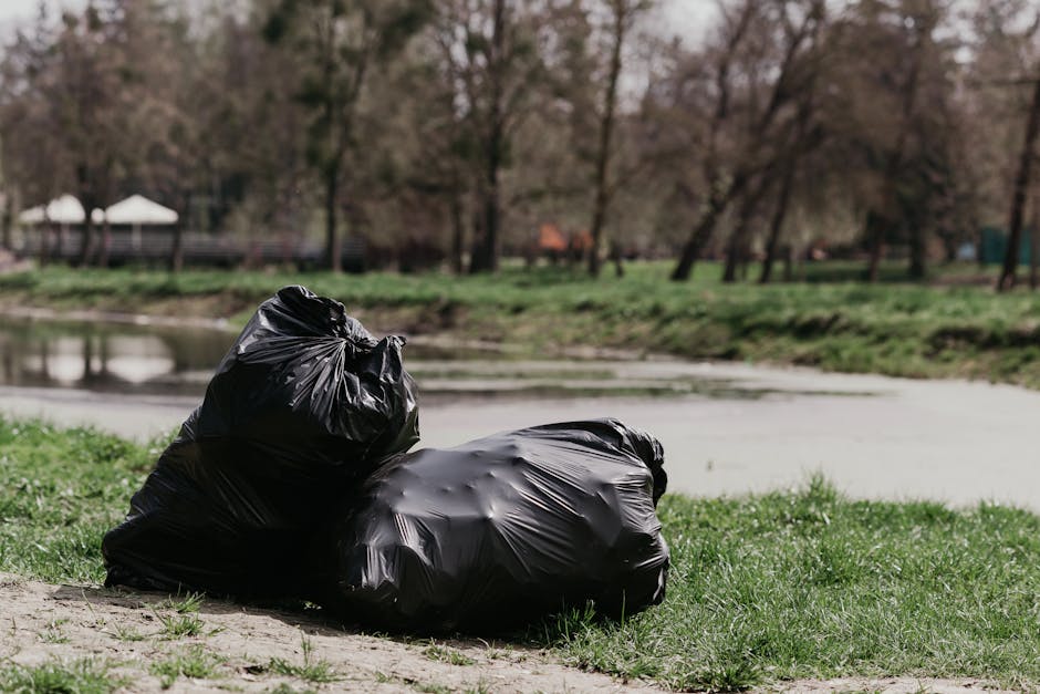 Two large black rubbish bags made of glossy plastic material are placed on a patch of grassy ground near a body of water, with one bag leaning against the other. The bags are tightly closed, with slight creases and folds visible on their surfaces, indicating they are filled with waste. Surrounding the bags, the environment features a mixture of green grass and patches of sandy soil, leading towards a narrow waterway or pond with a calm, reflective surface. In the background, there is a park scene with several leafless trees, some distant structures such as tents or small buildings, and a faint overcast sky casting diffuse natural light. The scene suggests an outdoor area that could be associated with private waste collection or on-site clearance, and corresponds with the type of rubbish removal services offered by Waste Collection Ilford.
